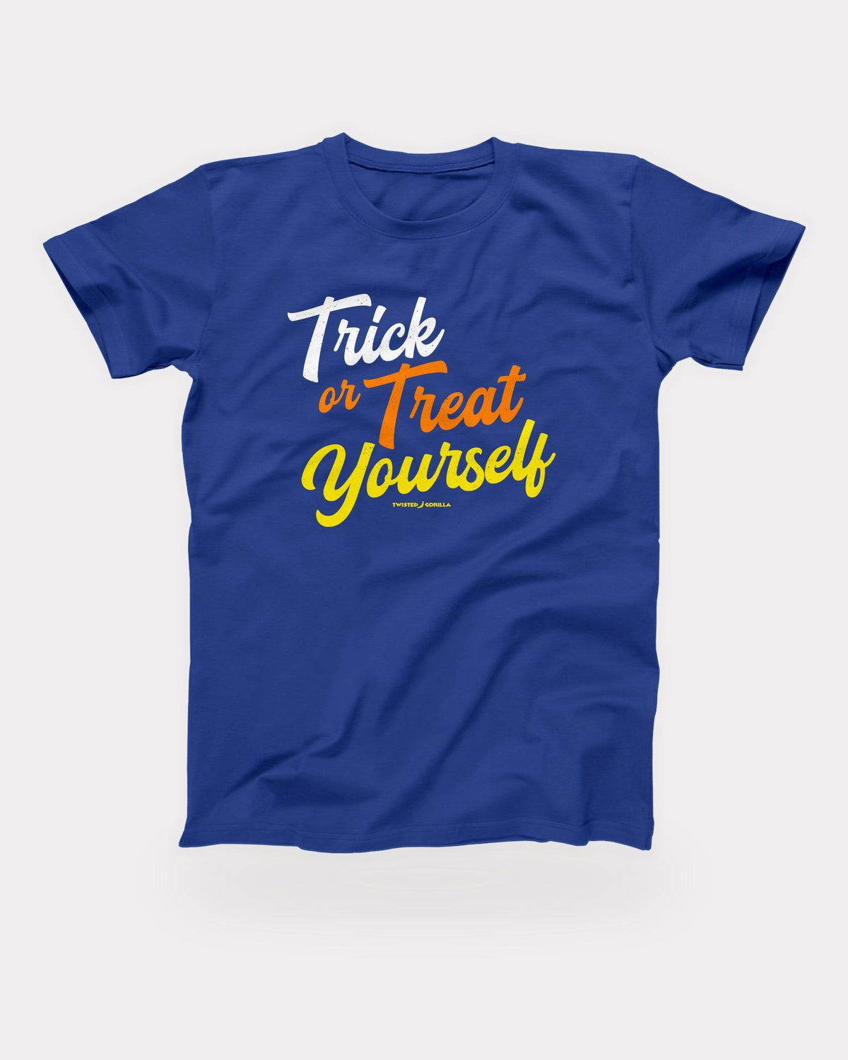 Trick or Treat Yourself T-Shirt in True Royal, flat lay on grey