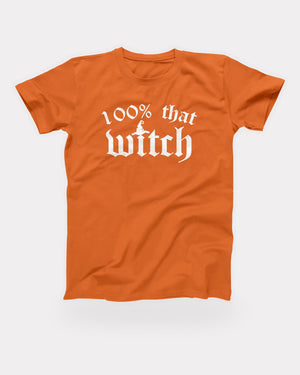 100% That Witch T-Shirt in Orange, flat lay on grey