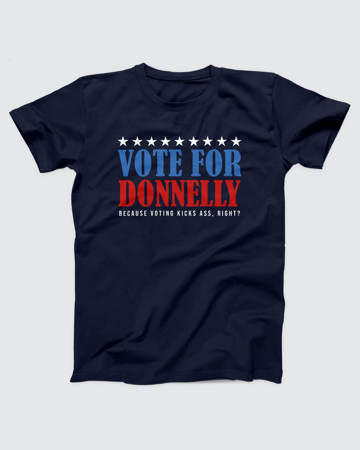 Vote for Donnelly T-Shirt, flat lay on grey