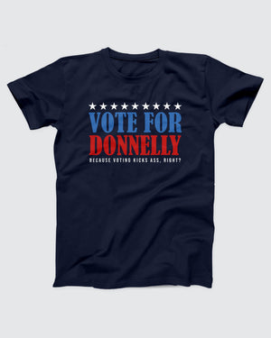 Vote for Donnelly T-Shirt, flat lay on grey