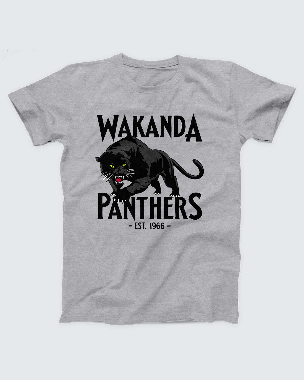 Wakanda Panthers T-Shirt, flat lay on grey