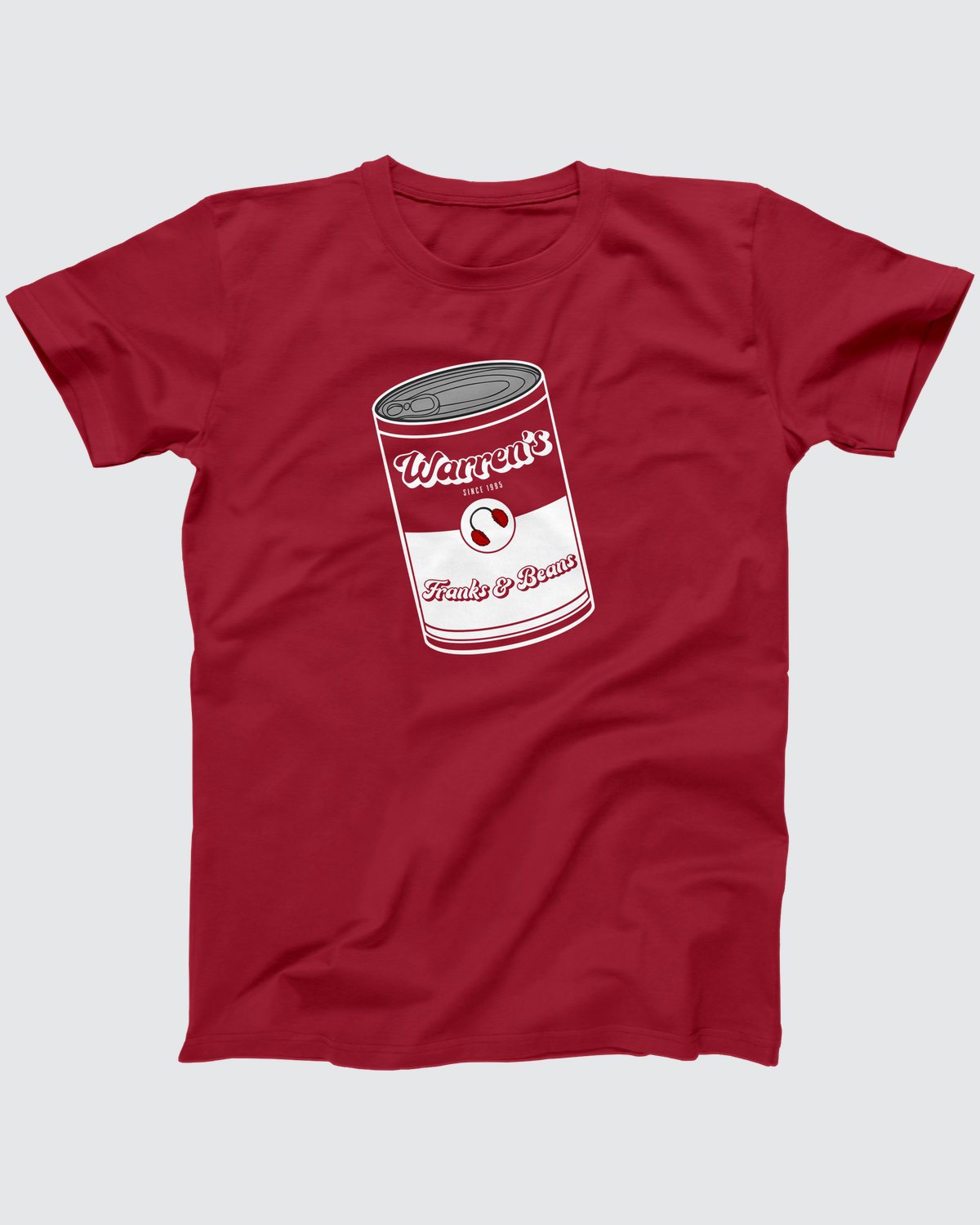 Warren's Franks & Beans T-Shirt, flat lay on grey