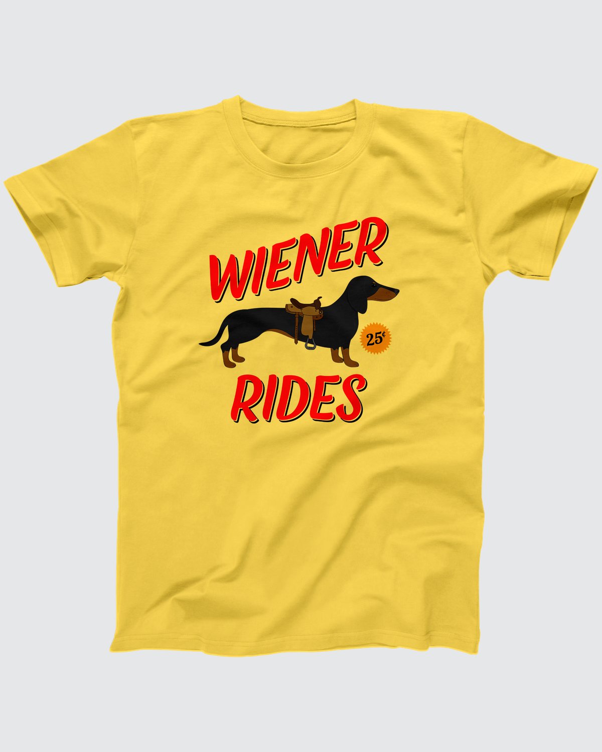Wiener Rides t-shirt in Yellow, flat lay on grey