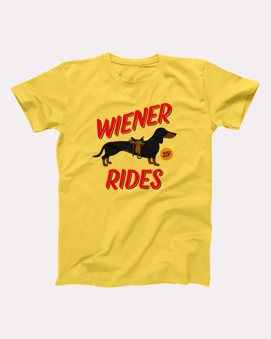 Wiener Rides t-shirt in Yellow, flat lay on grey