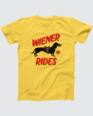 Wiener Rides t-shirt in Yellow, flat lay on grey
