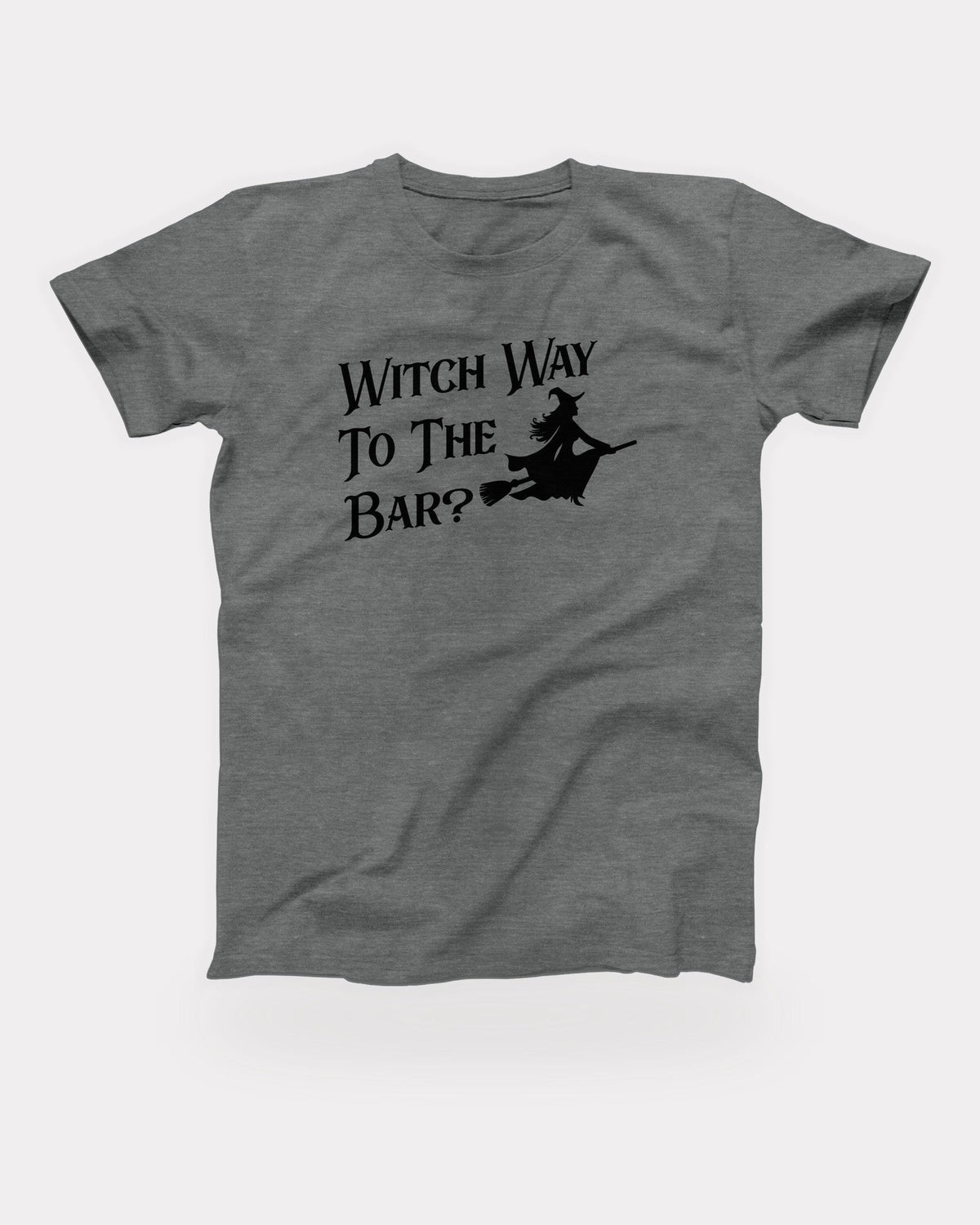 Witch Way To The Bar T-Shirt in Deep Heather, flat lay on grey