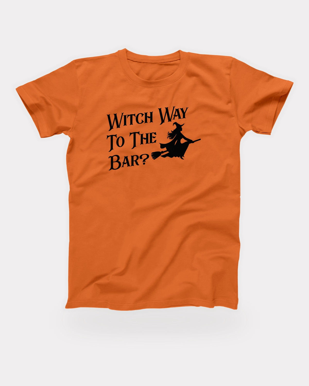 Witch Way To The Bar T-Shirt in Orange, flat lay on grey