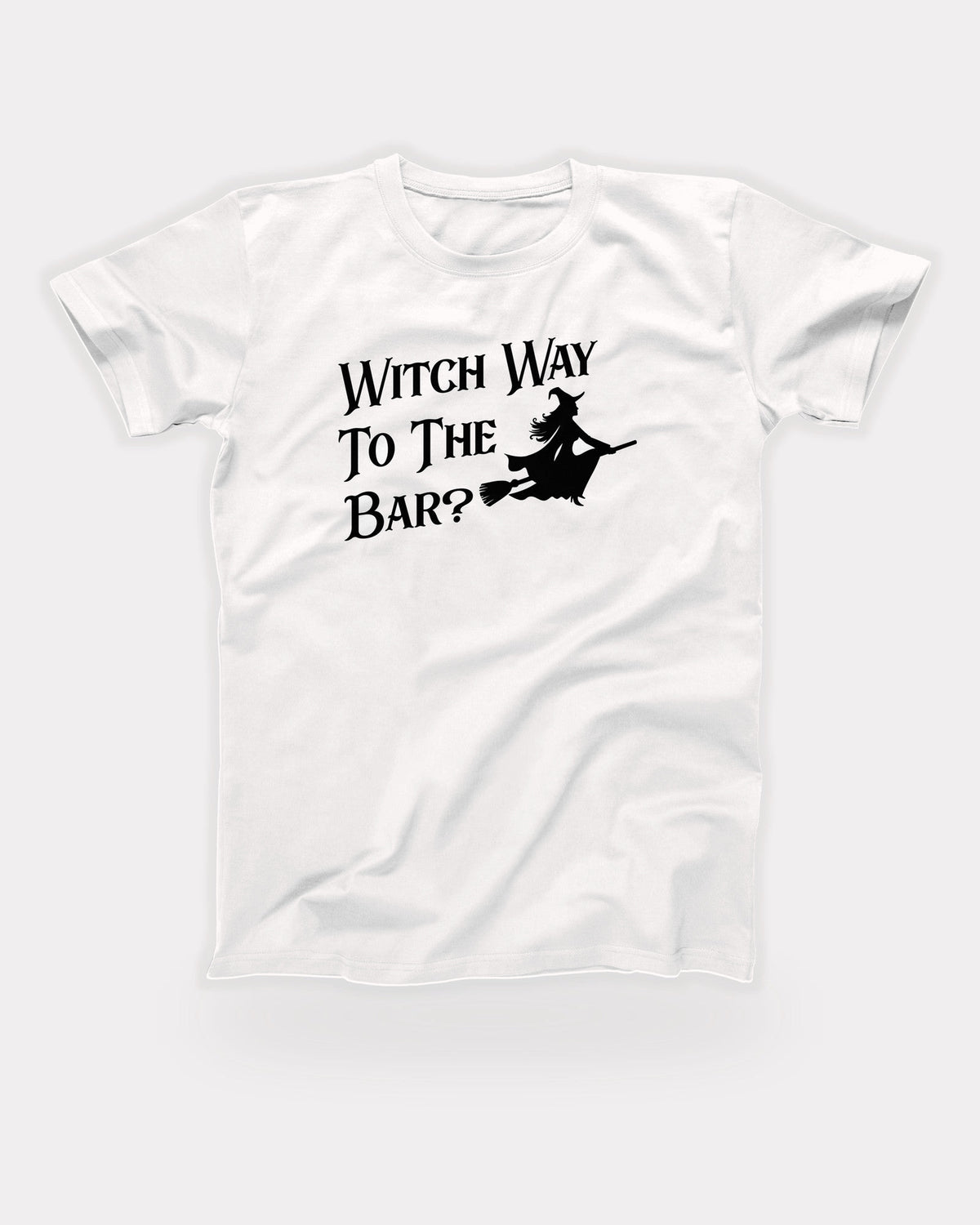 Witch Way To The Bar T-Shirt in White, flat lay on grey