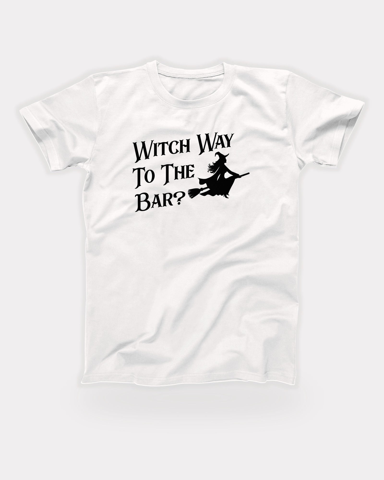 Witch Way To The Bar T-Shirt in White, flat lay on grey
