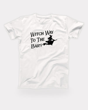 Witch Way To The Bar T-Shirt in White, flat lay on grey