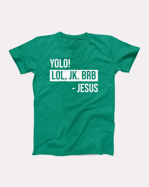 YOLO Jesus T-Shirt, flat lay, Heather Kelly