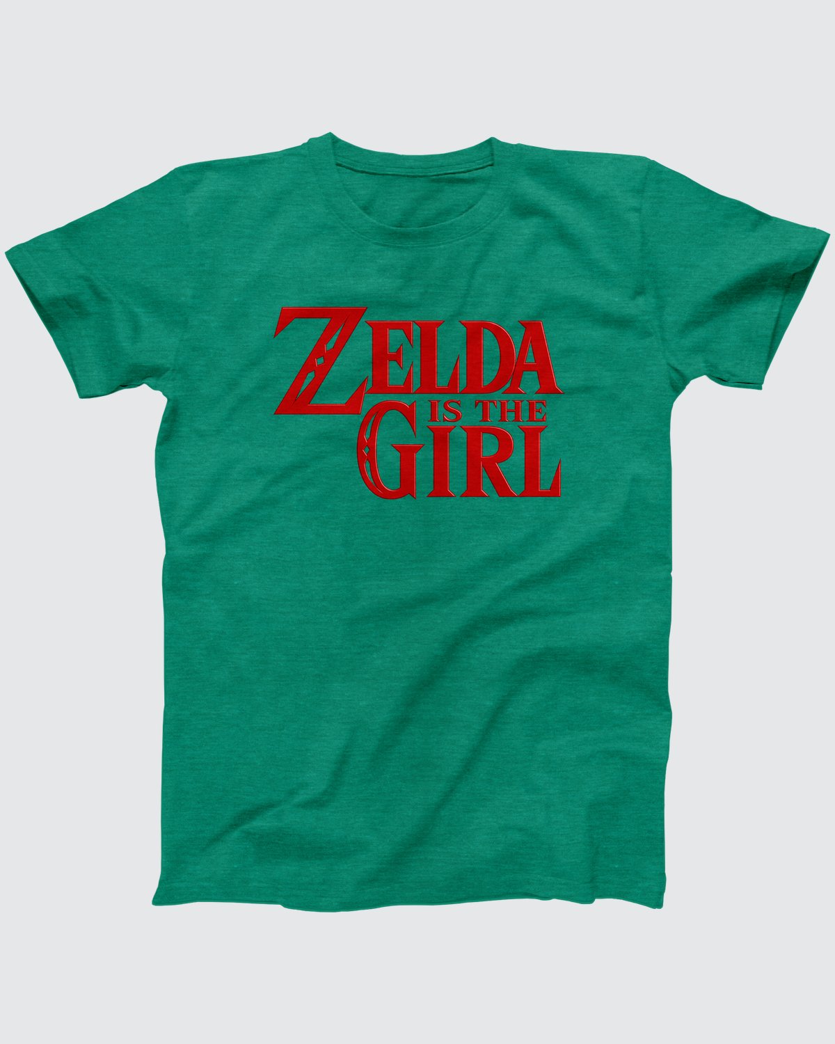 Zelda Is The Girl t-shirt in Heather Kelly, flat lay on grey