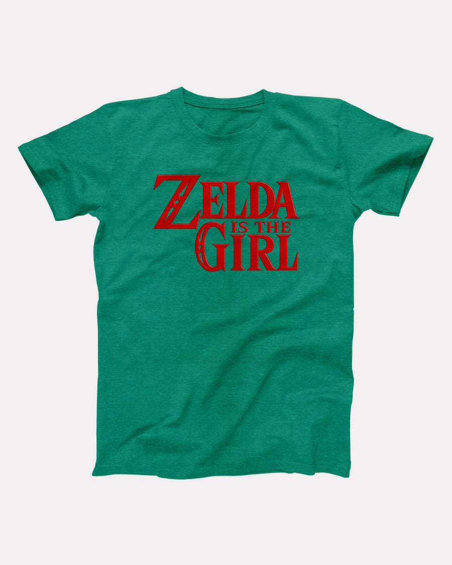 Zelda Is The Girl t-shirt in Heather Kelly, flat lay on grey
